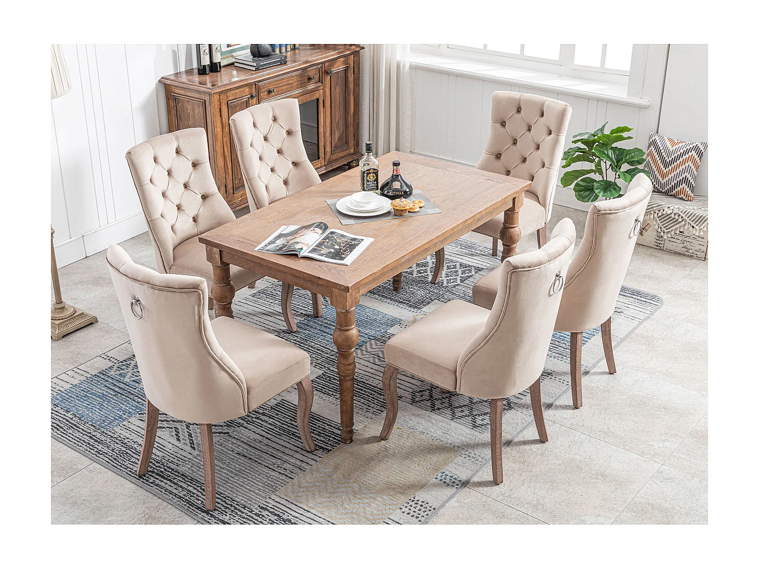 Ensemble de 6 chaises de salle à manger, velours beige, dossier haut, avec surpiqûres boutonnées, structure en bois massif