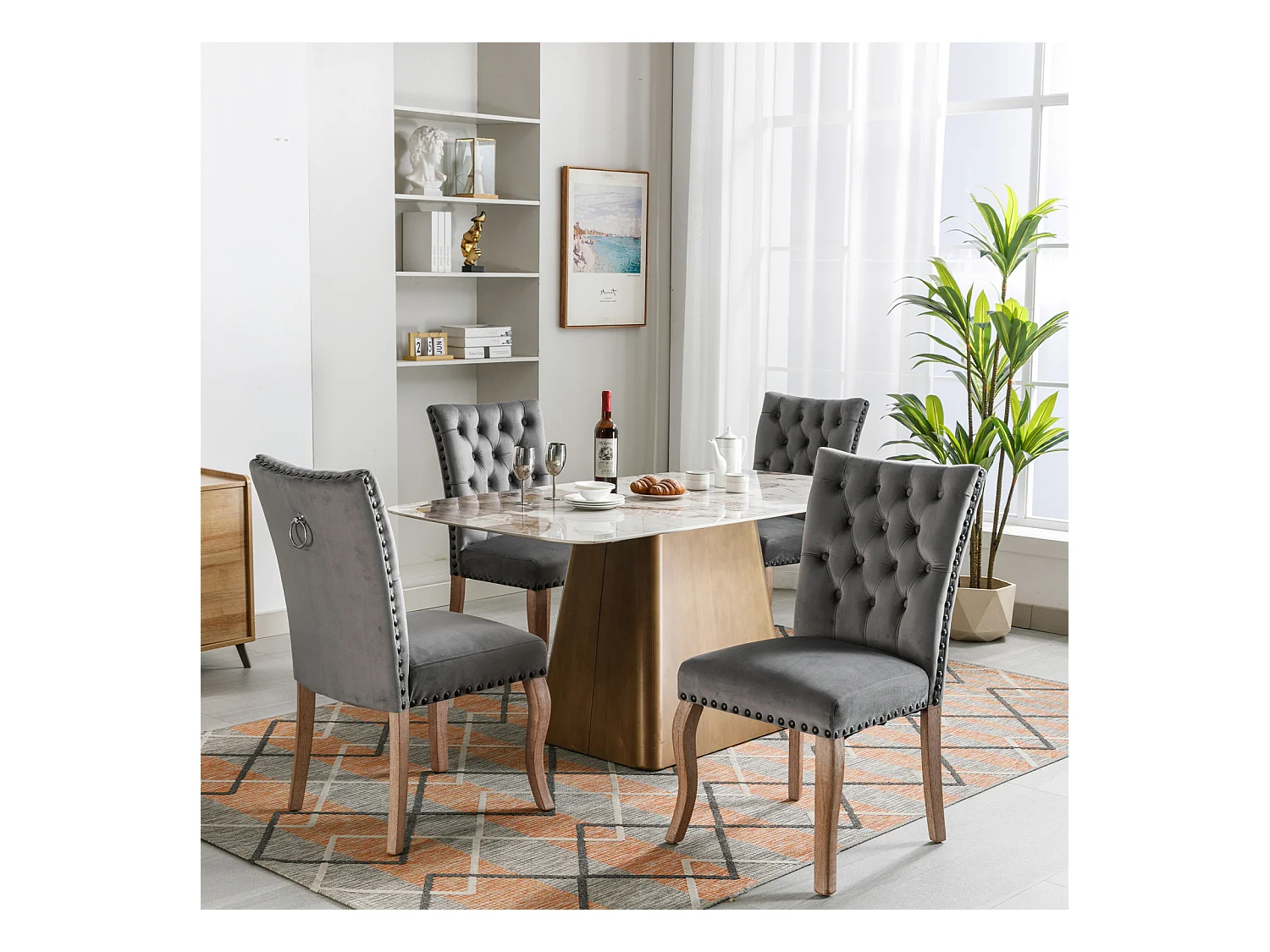 Ensemble de 4 chaises de salle à manger, chaise rembourrée avec garniture cloutée, pieds en bois massif, revêtement en velours, gris, avec motif heurtoir de porte