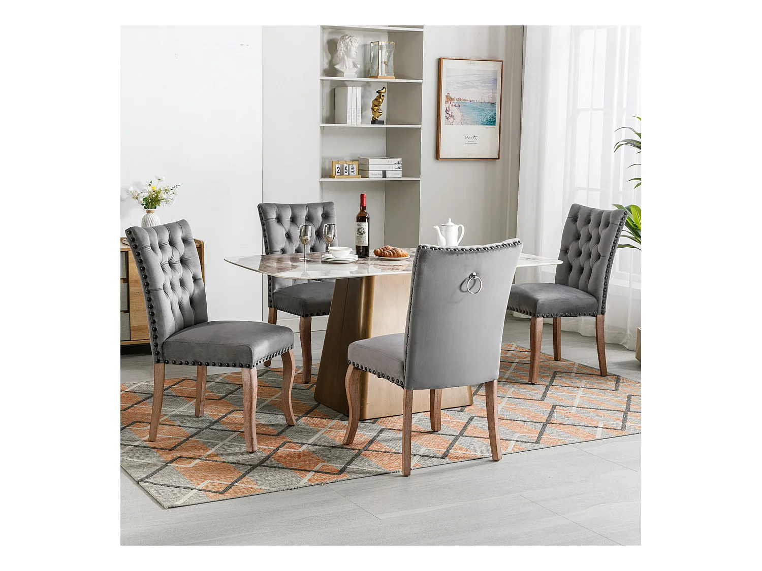 Ensemble de 4 chaises de salle à manger, chaise rembourrée avec garniture cloutée, pieds en bois massif, revêtement en velours, gris, avec motif heurtoir de porte