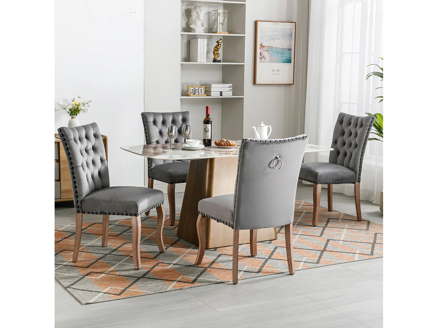 Ensemble de 4 chaises de salle à manger, chaise rembourrée avec garniture cloutée, pieds en bois massif, revêtement en velours, gris, avec motif heurtoir de porte