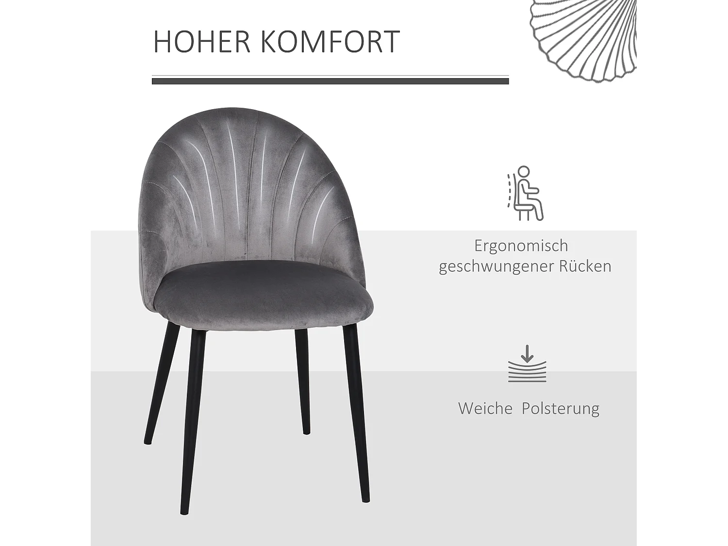 Lot de 2 chaises de salle à manger, chaise de cuisine design scandinave, chaise rembourrée, velours, métal, gris