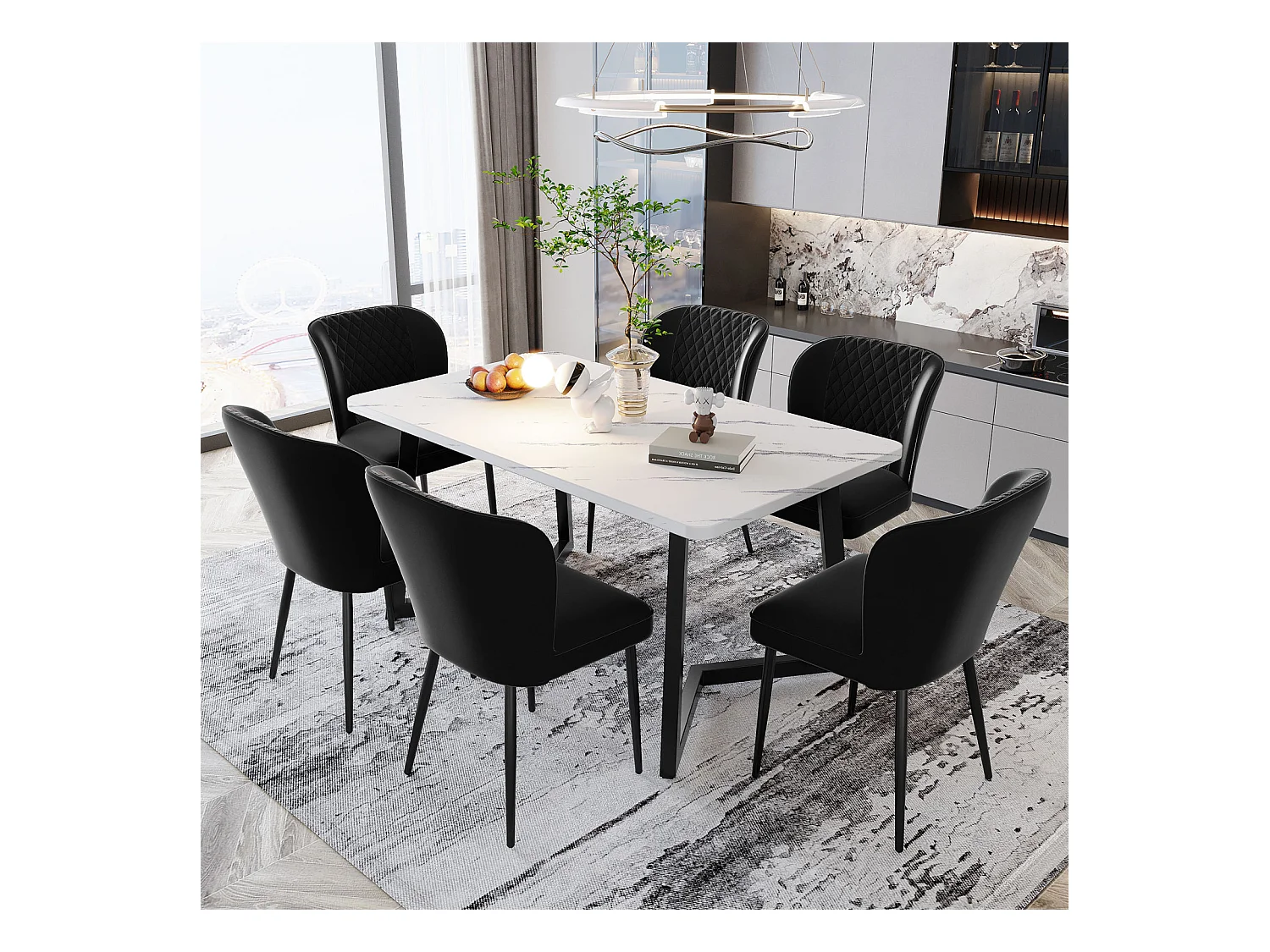 Ensemble de 6 chaises de salle à manger, noires, design de chaise rembourrée avec dossier, velours, structure en métal