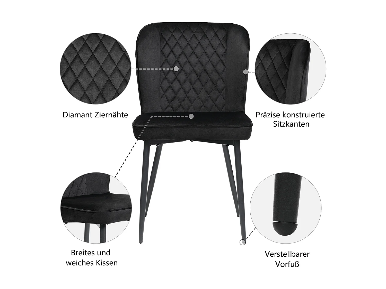 Conjunto de 6 cadeiras de jantar, pretas, estofadas com encosto, veludo, estrutura de metal