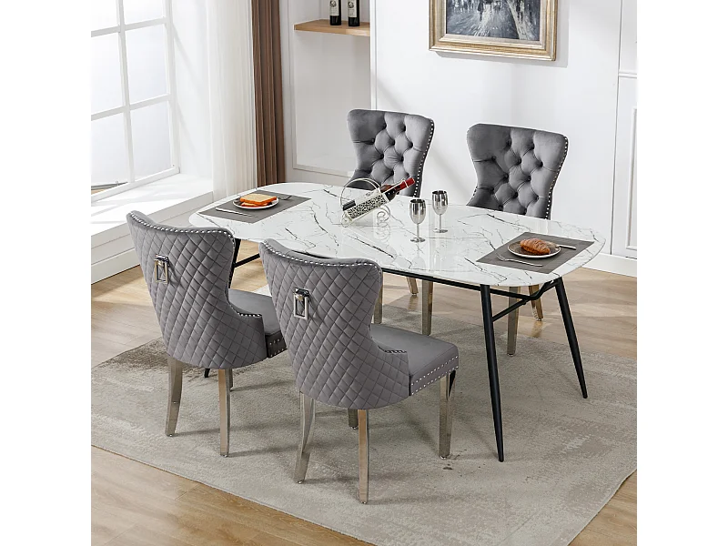 Esszimmerstuhl 4er-Set, Polsterstuhl mit Nagelkopfbesatz, Metall-Stützbeine, Samtbezug, grau, mit Türklopfer-Design