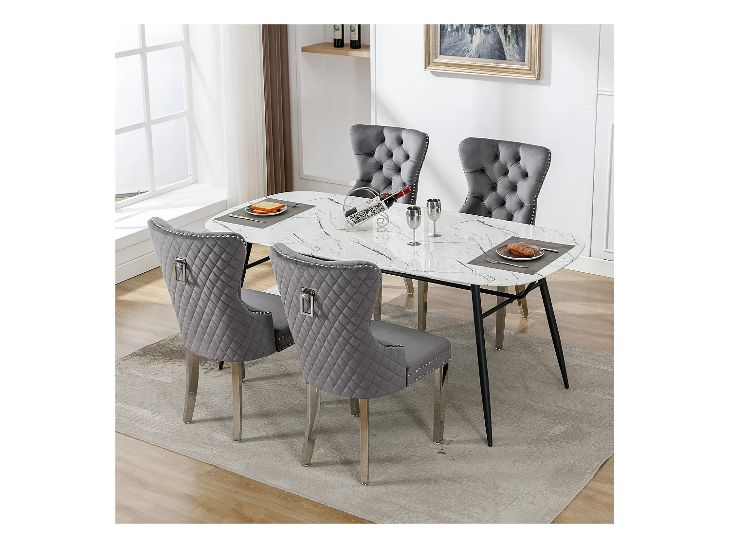 Ensemble de 4 chaises de salle à manger, tapissées avec garniture cloutée, pieds de support en métal, revêtement en velours, gris, avec motif heurtoir de porte