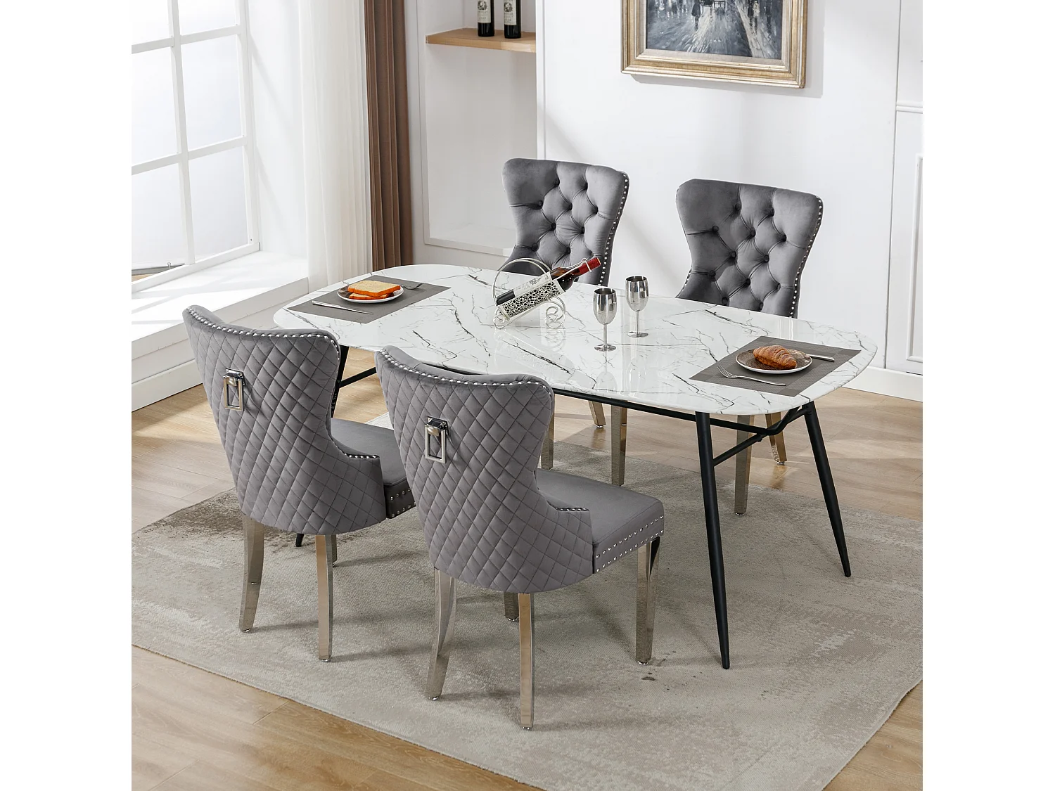 Set van 4 eetkamerstoelen, bekleed met spijkerkopafwerking, metalen steunpoten, fluwelen bekleding, grijs, met deurklopperontwerp