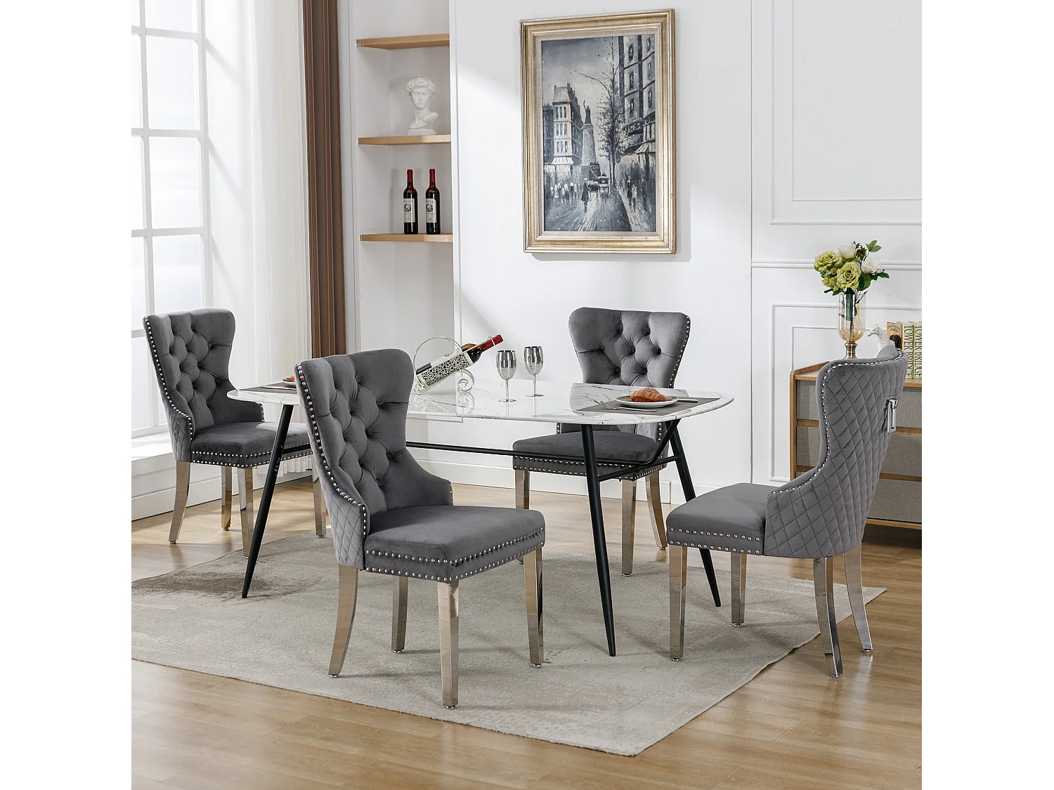 Set van 4 eetkamerstoelen, bekleed met spijkerkopafwerking, metalen steunpoten, fluwelen bekleding, grijs, met deurklopperontwerp