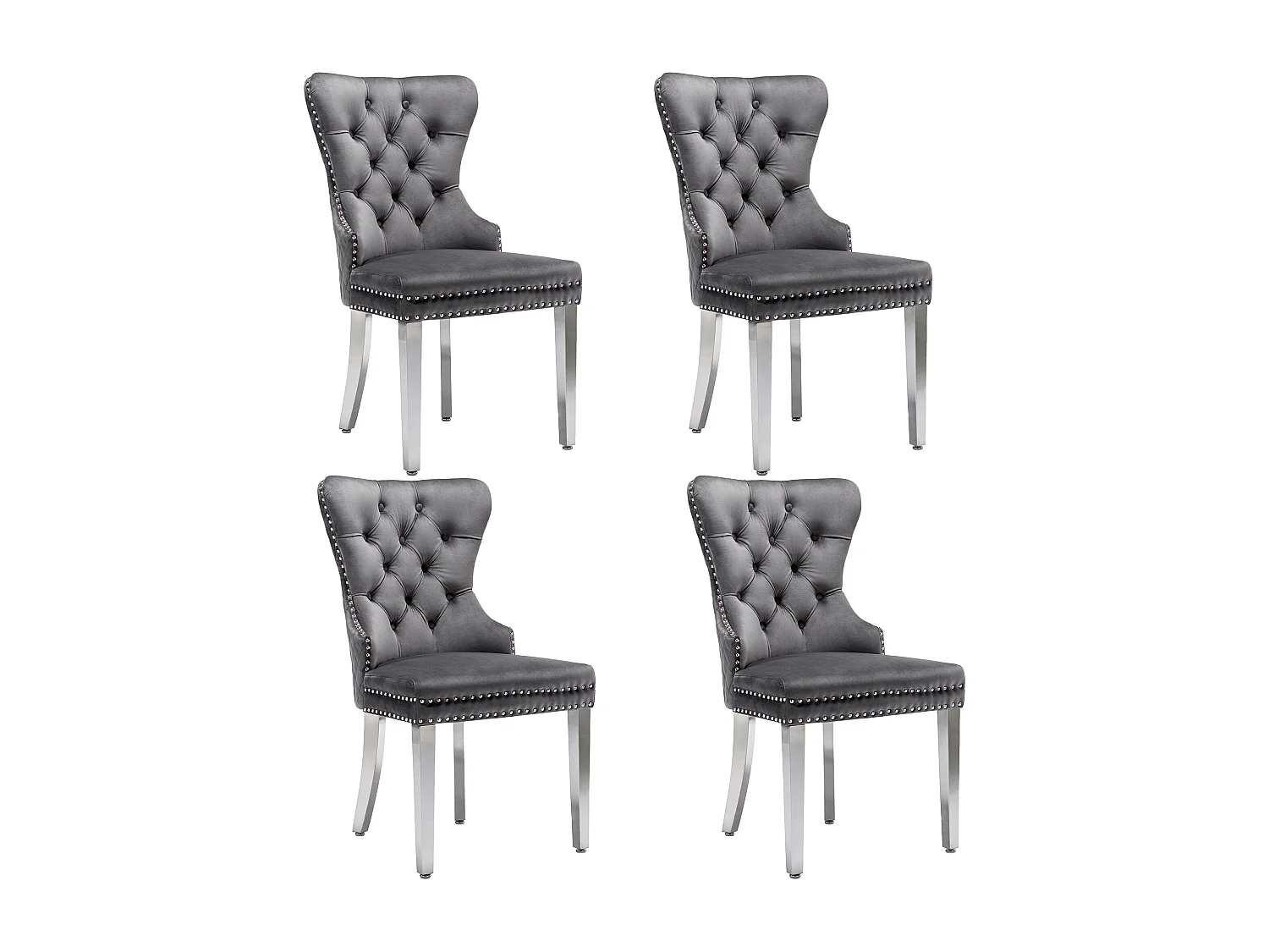 Set van 4 eetkamerstoelen, bekleed met spijkerkopafwerking, metalen steunpoten, fluwelen bekleding, grijs, met deurklopperontwerp