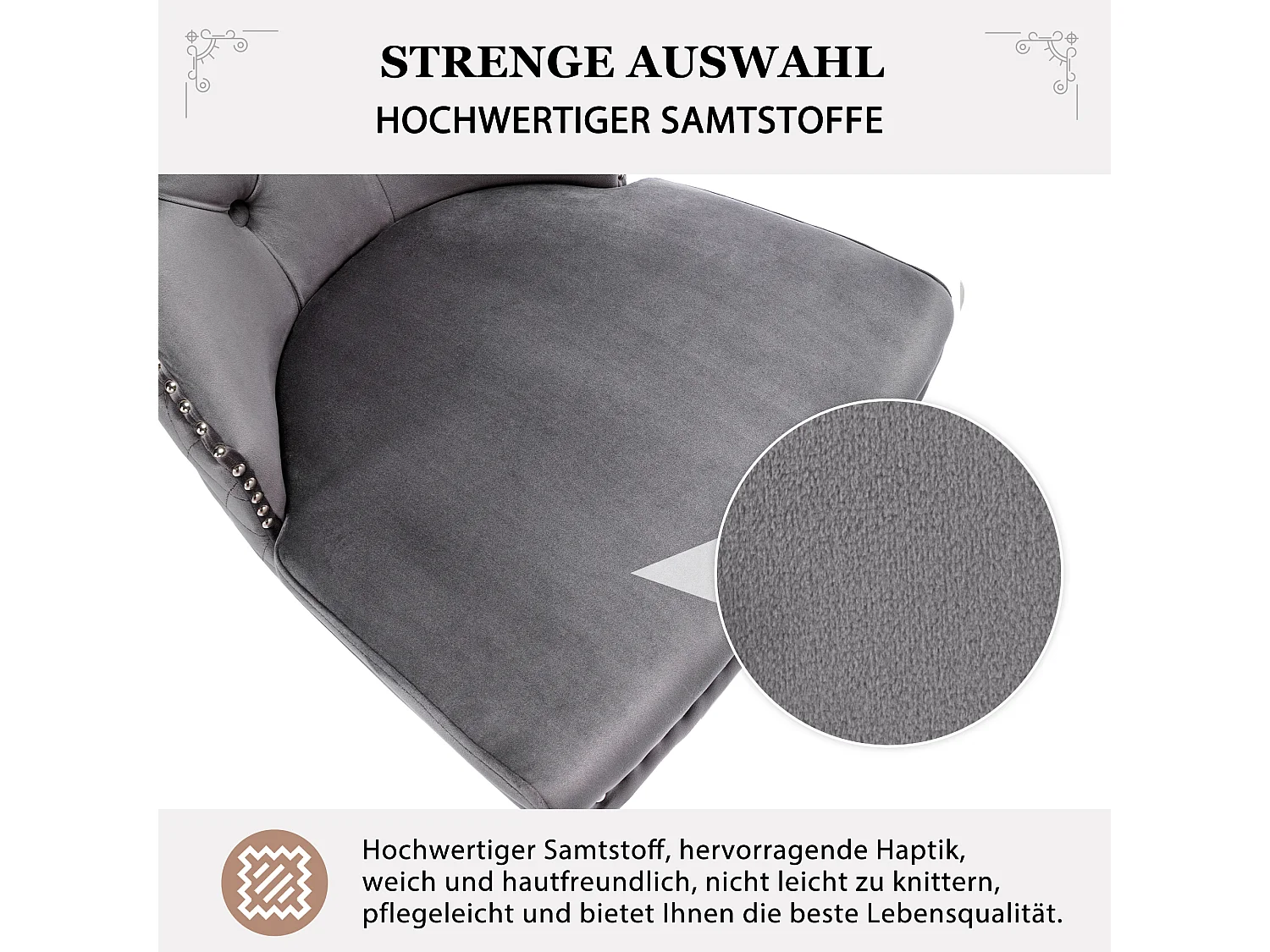 Set van 4 eetkamerstoelen, bekleed met spijkerkopafwerking, metalen steunpoten, fluwelen bekleding, grijs, met deurklopperontwerp