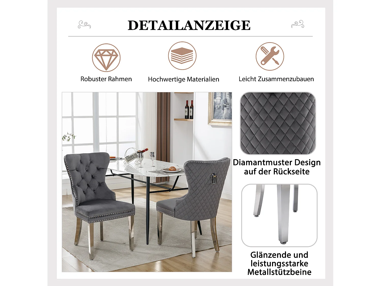Set van 4 eetkamerstoelen, bekleed met spijkerkopafwerking, metalen steunpoten, fluwelen bekleding, grijs, met deurklopperontwerp