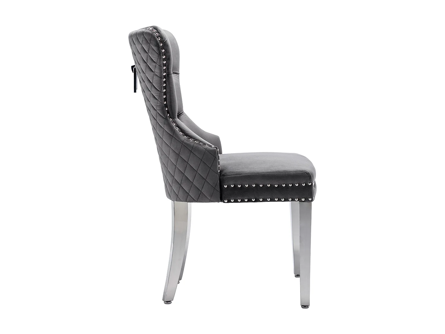 Set van 4 eetkamerstoelen, bekleed met spijkerkopafwerking, metalen steunpoten, fluwelen bekleding, grijs, met deurklopperontwerp