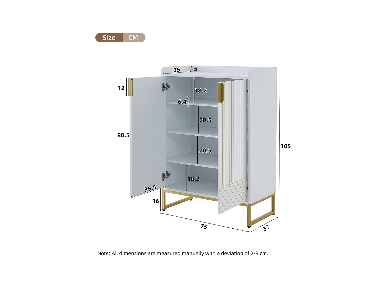 Schoenenkast met 2 deuren, houten opbergmeubel - metalen poten - wit (75x37x105 cm)