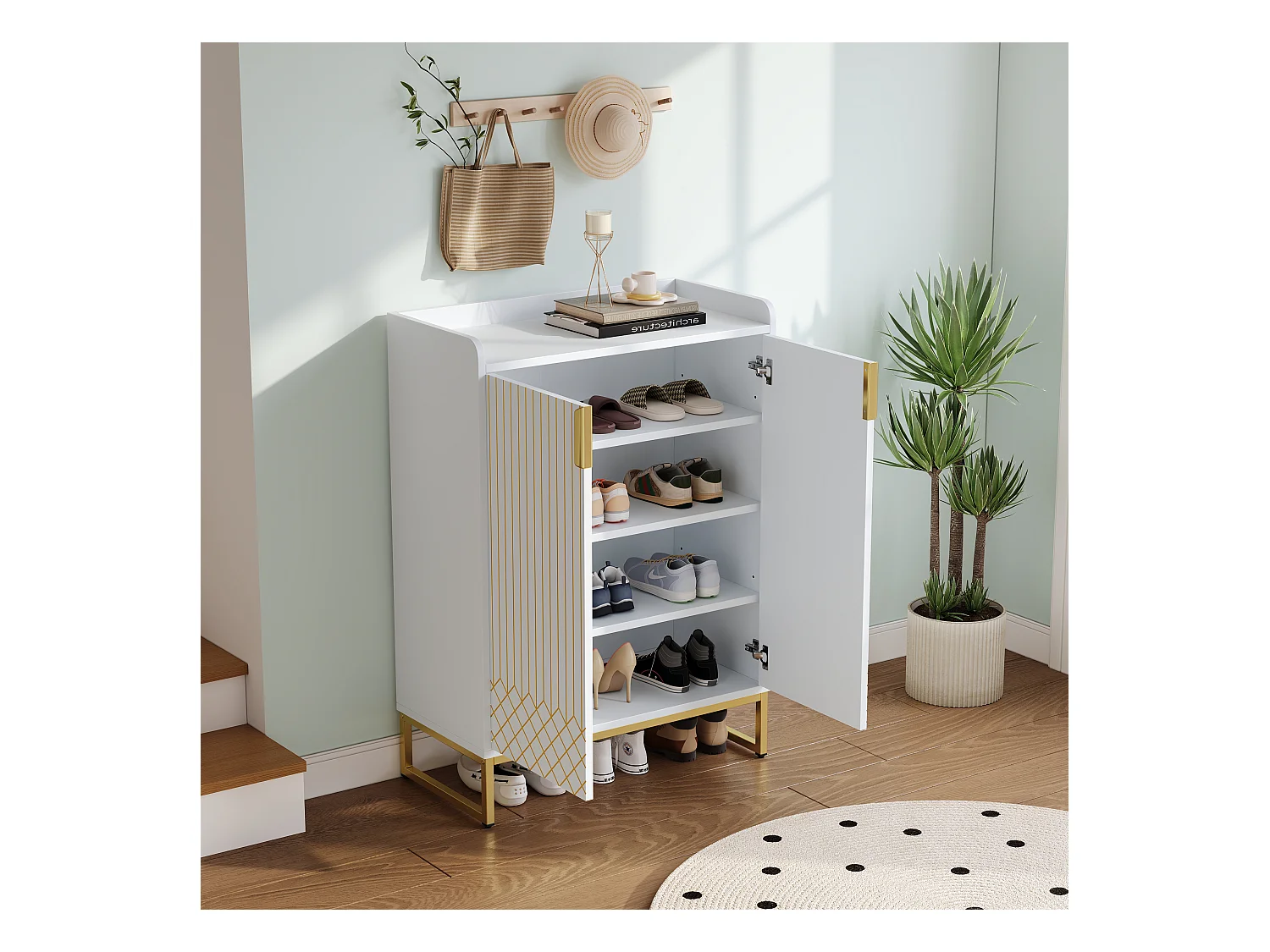 Meuble à chaussures avec 2 portes meuble de rangement en bois - pieds en métal - blanc (75x37x105 cm)
