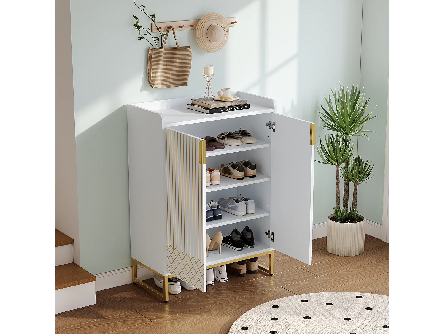 Meuble à chaussures 75x37x105 cm avec 2 portes meuble de rangement en bois - pieds en métal - blanc