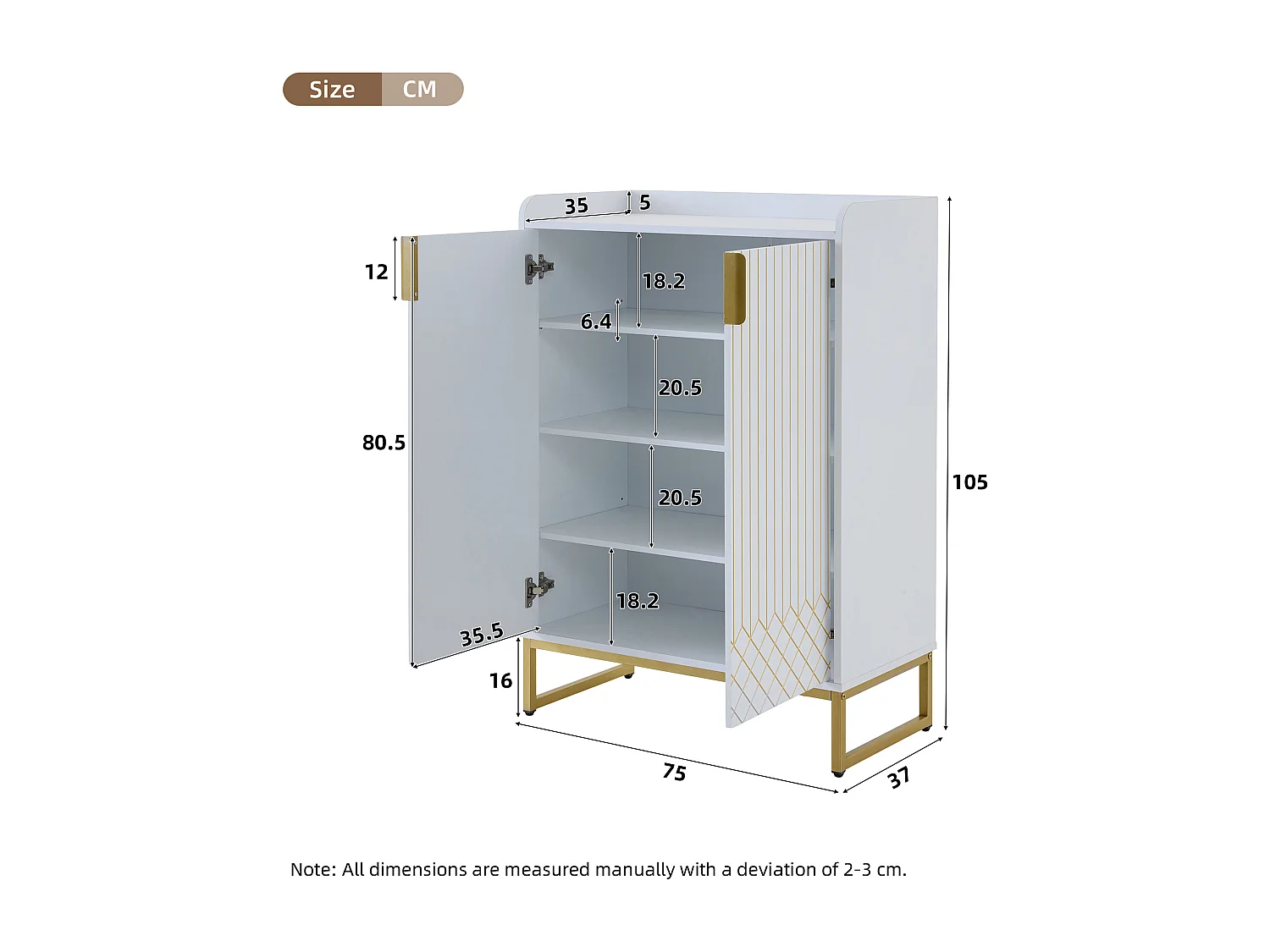Meuble à chaussures 75x37x105 cm avec 2 portes meuble de rangement en bois - pieds en métal - blanc