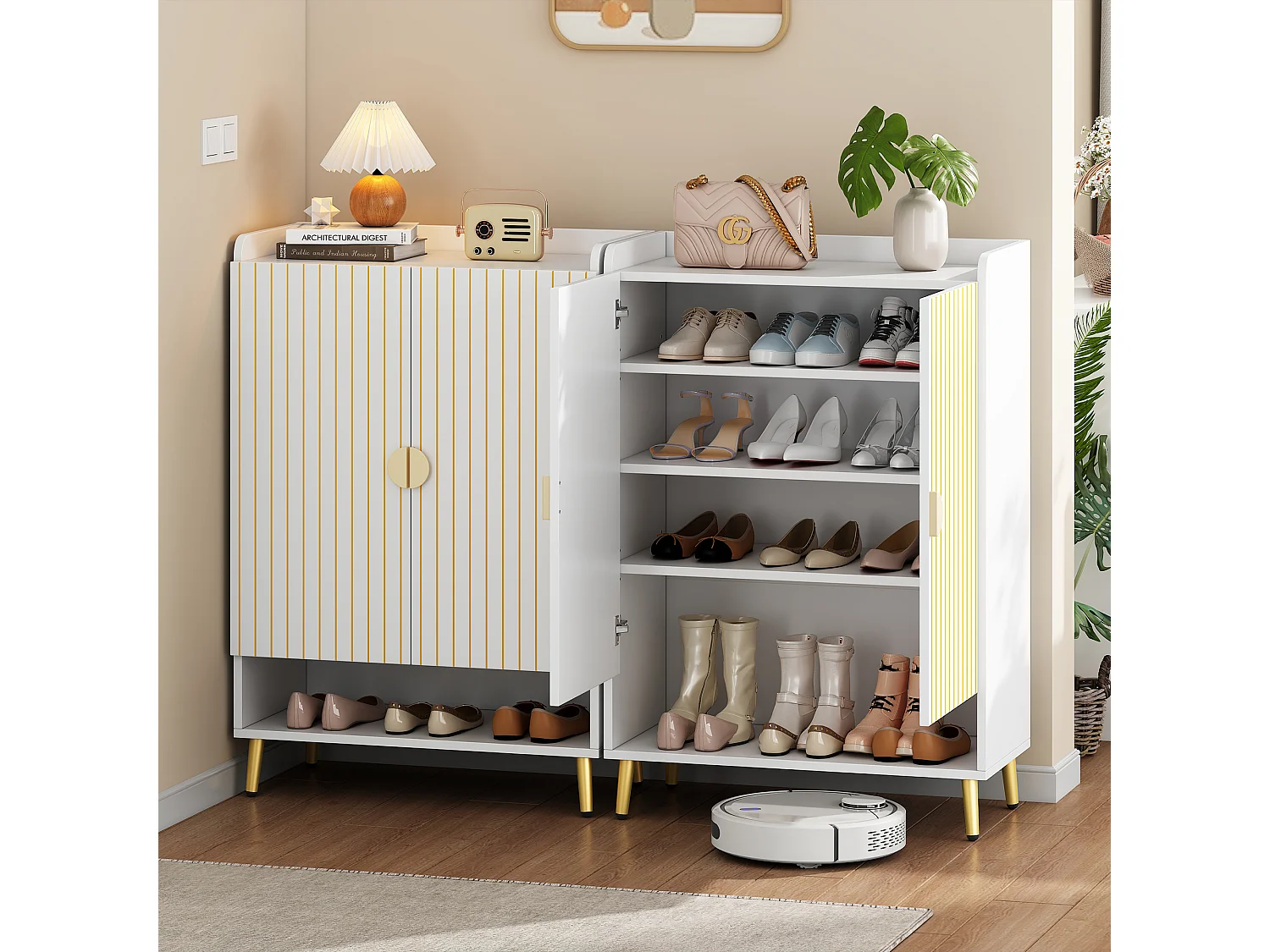 Meuble à chaussures 75x37x110 cm avec 2 portes meuble de rangement en bois - pieds en métal - blanc 2 pièces