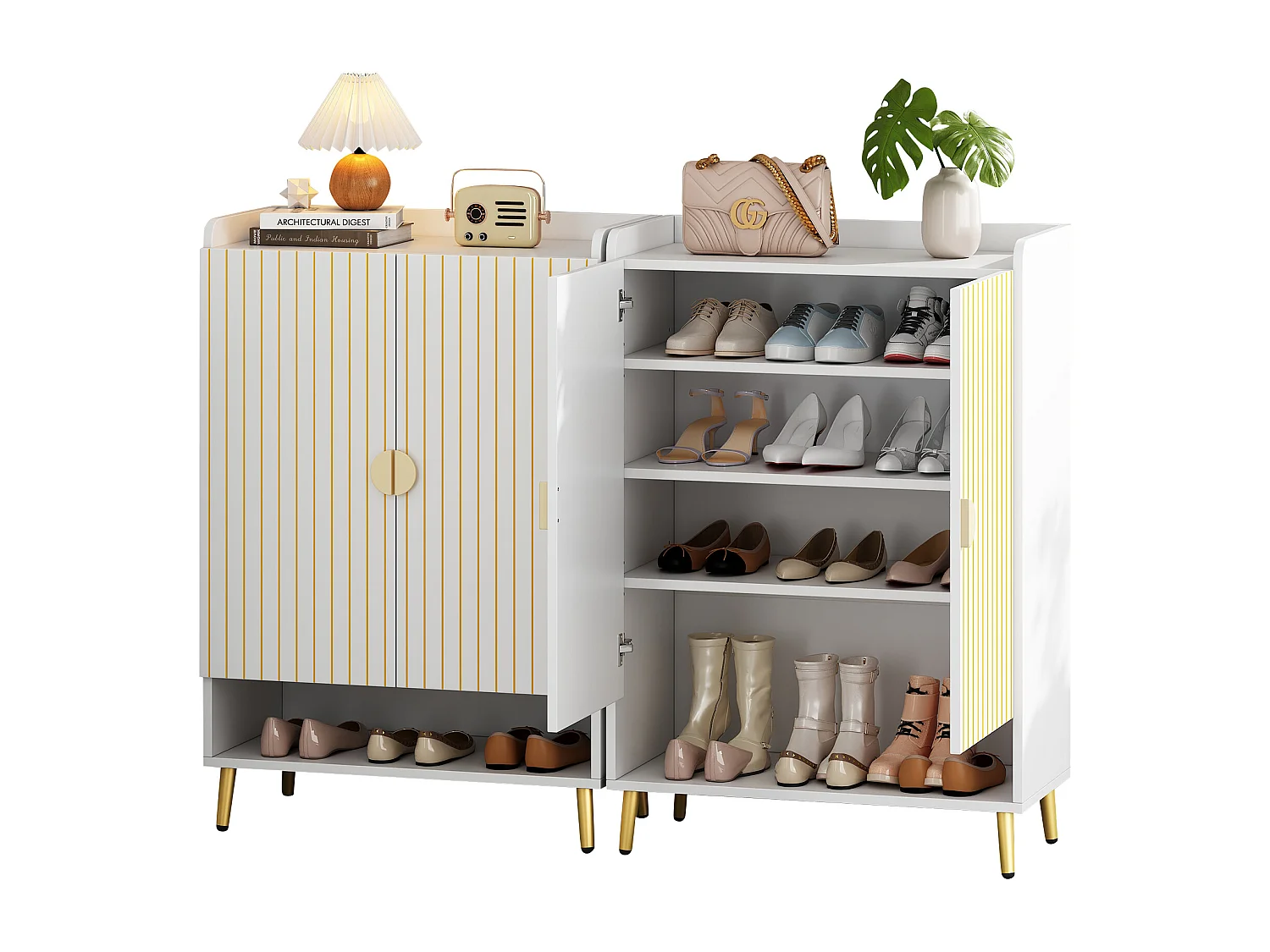 Meuble à chaussures 75x37x110 cm avec 2 portes meuble de rangement en bois - pieds en métal - blanc 2 pièces