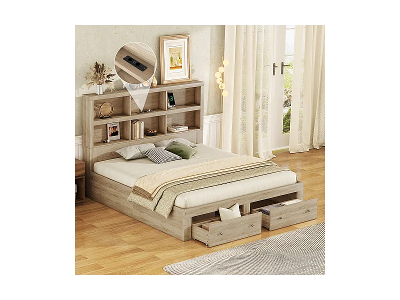 Lit adulte double 160x200 cm avec 2 tiroirs - tête de lit avec rangement et USB - bois - naturel clair (sans matelas)