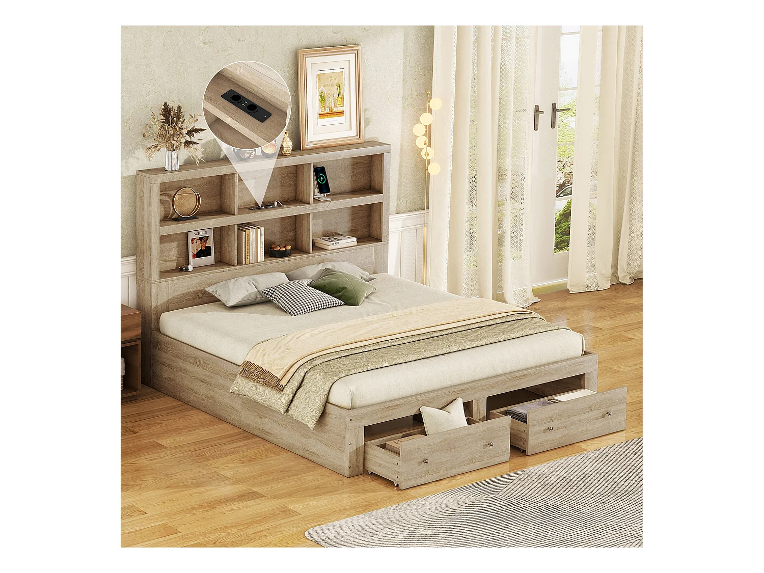 Lit adulte double 160x200 cm avec 2 tiroirs - tête de lit avec rangement et USB - bois - naturel clair (sans matelas)