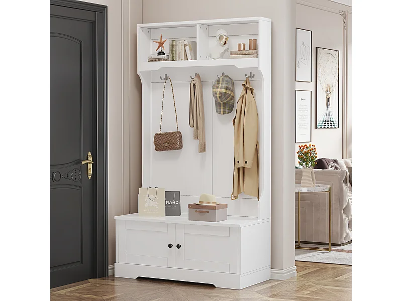 Vestiaire d'entrée blanc avec 2 portes 4 crochets et rangement haut - bois - blanc (101.5x47x183 cm)
