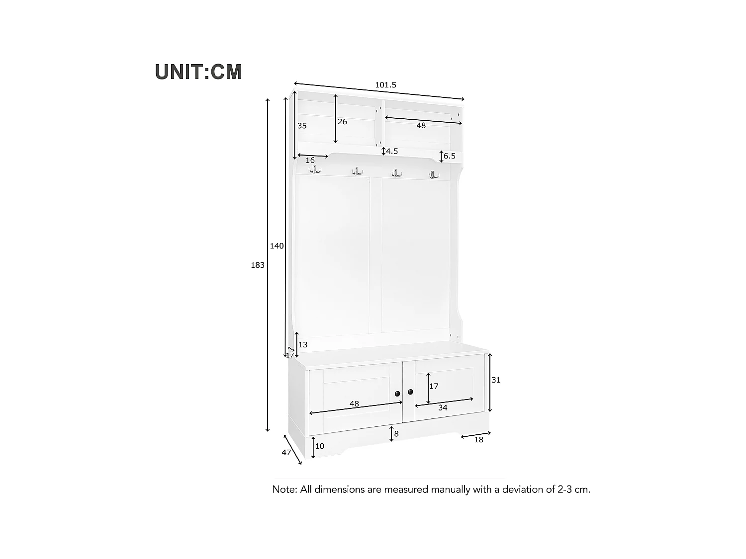 Vestiaire d'entrée 101.5x47x183 cm avec 2 portes 4 crochets et rangement haut - bois - blanc