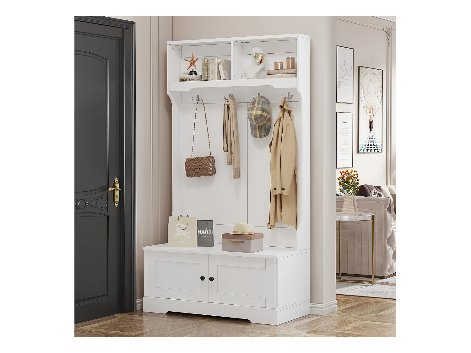 Vestiaire d'entrée blanc avec 2 portes 4 crochets et rangement haut - bois - blanc (101.5x47x183 cm)