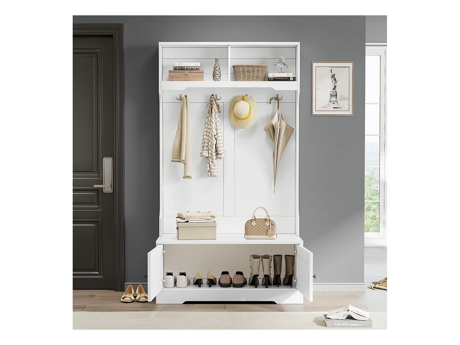 Vestiaire d'entrée blanc avec 2 portes 4 crochets et rangement haut - bois - blanc (101.5x47x183 cm)