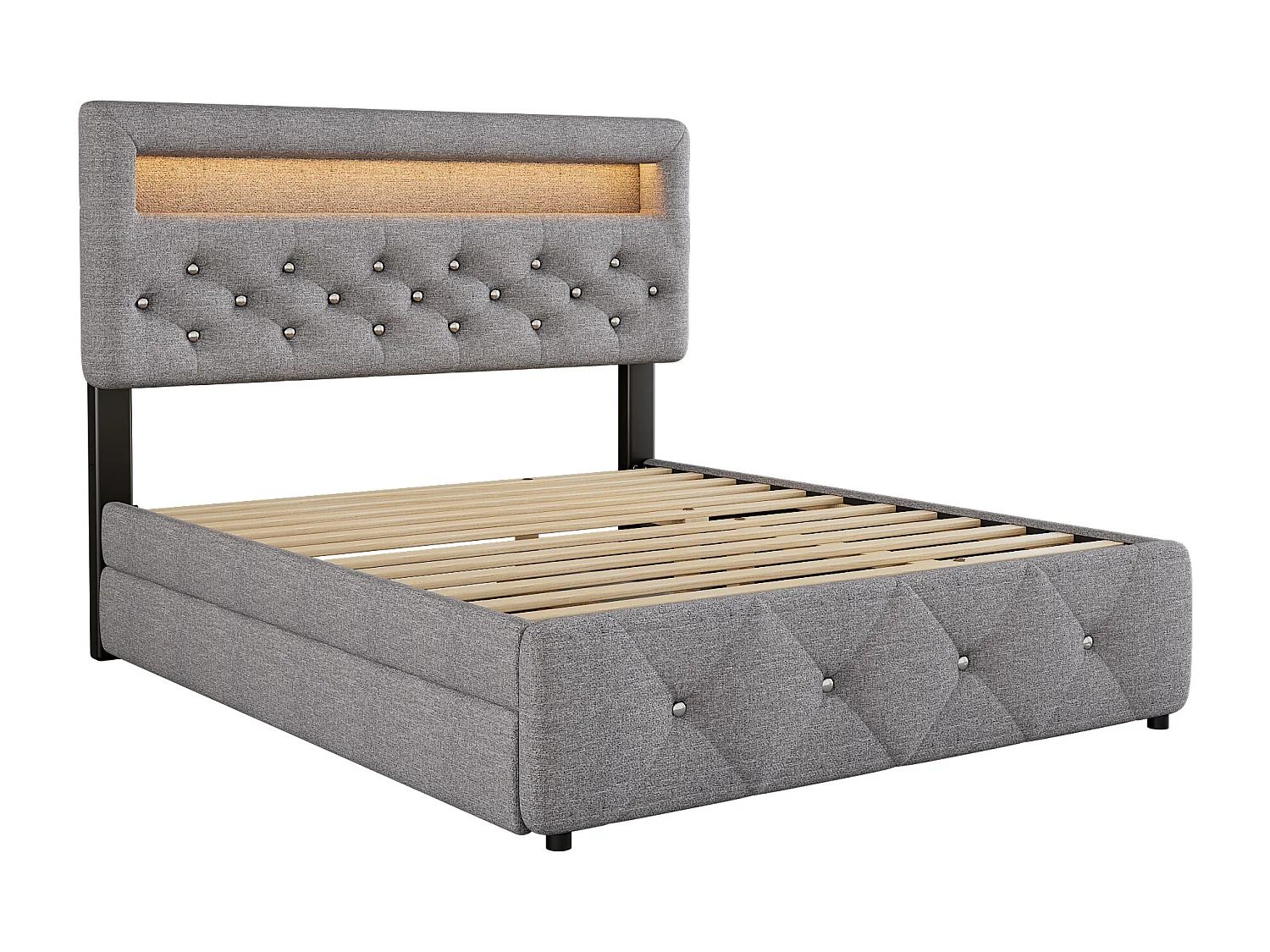 Tweepersoonsbed voor volwassenen 140x200 cm met 2 lades - LED-uitschuifbed met in hoogte verstelbaar hoofdeinde - linnen - grijs (zonder matras)