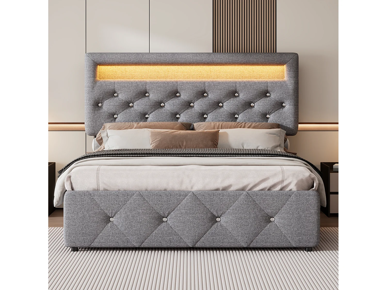 Tweepersoonsbed voor volwassenen 140x200 cm met 2 lades - LED-uitschuifbed met in hoogte verstelbaar hoofdeinde - linnen - grijs (zonder matras)