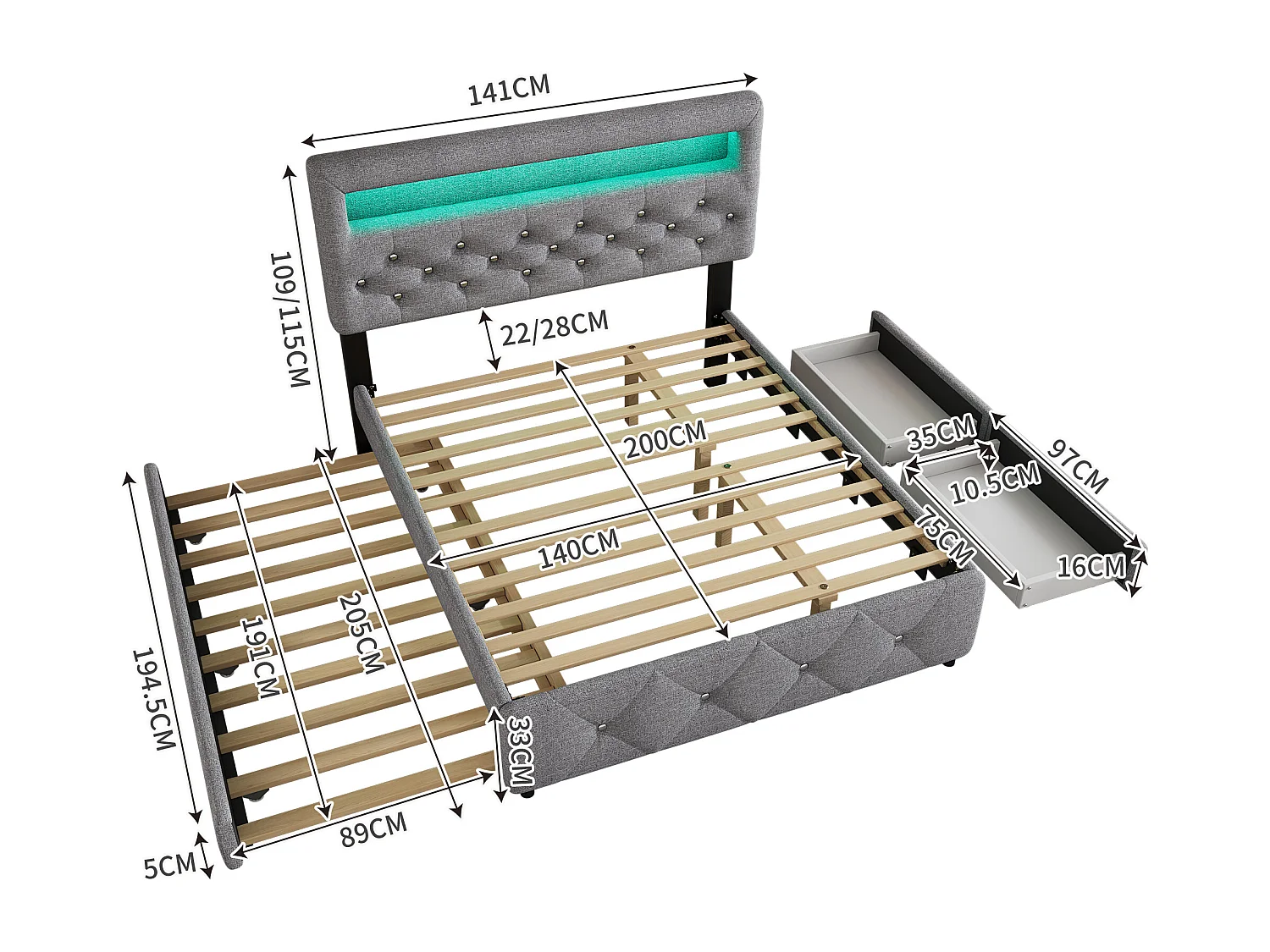 Tweepersoonsbed voor volwassenen 140x200 cm met 2 lades - LED-uitschuifbed met in hoogte verstelbaar hoofdeinde - linnen - grijs (zonder matras)