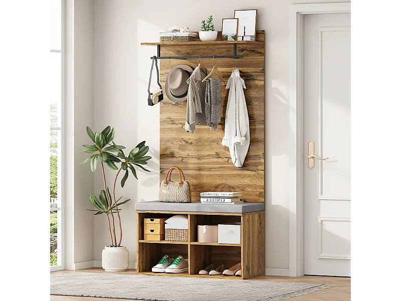 Vestiaire d'entrée blanc Avec 4 compartiments de rangement 1 banc rembourré étagères et patères - bois - marron (84x37x175 cm)