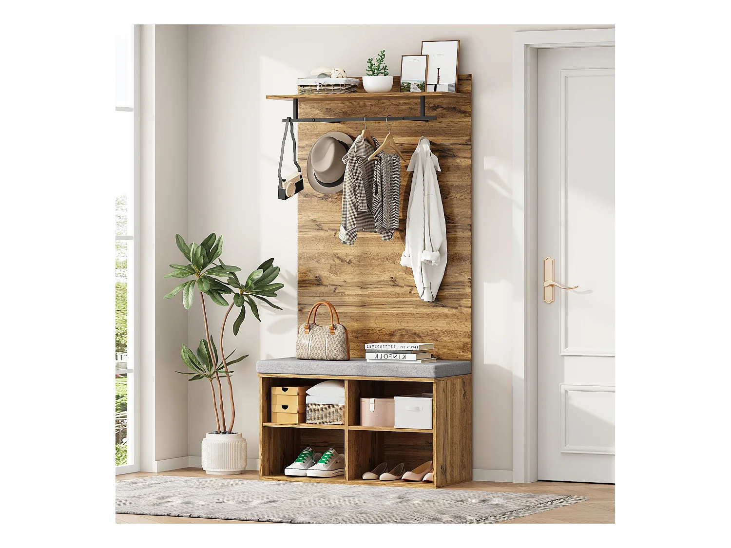 Vestiaire d'entrée 84x37x175 cm blanc avec 4 compartiments de rangement 1 banc rembourré étagères et patères - bois - marron