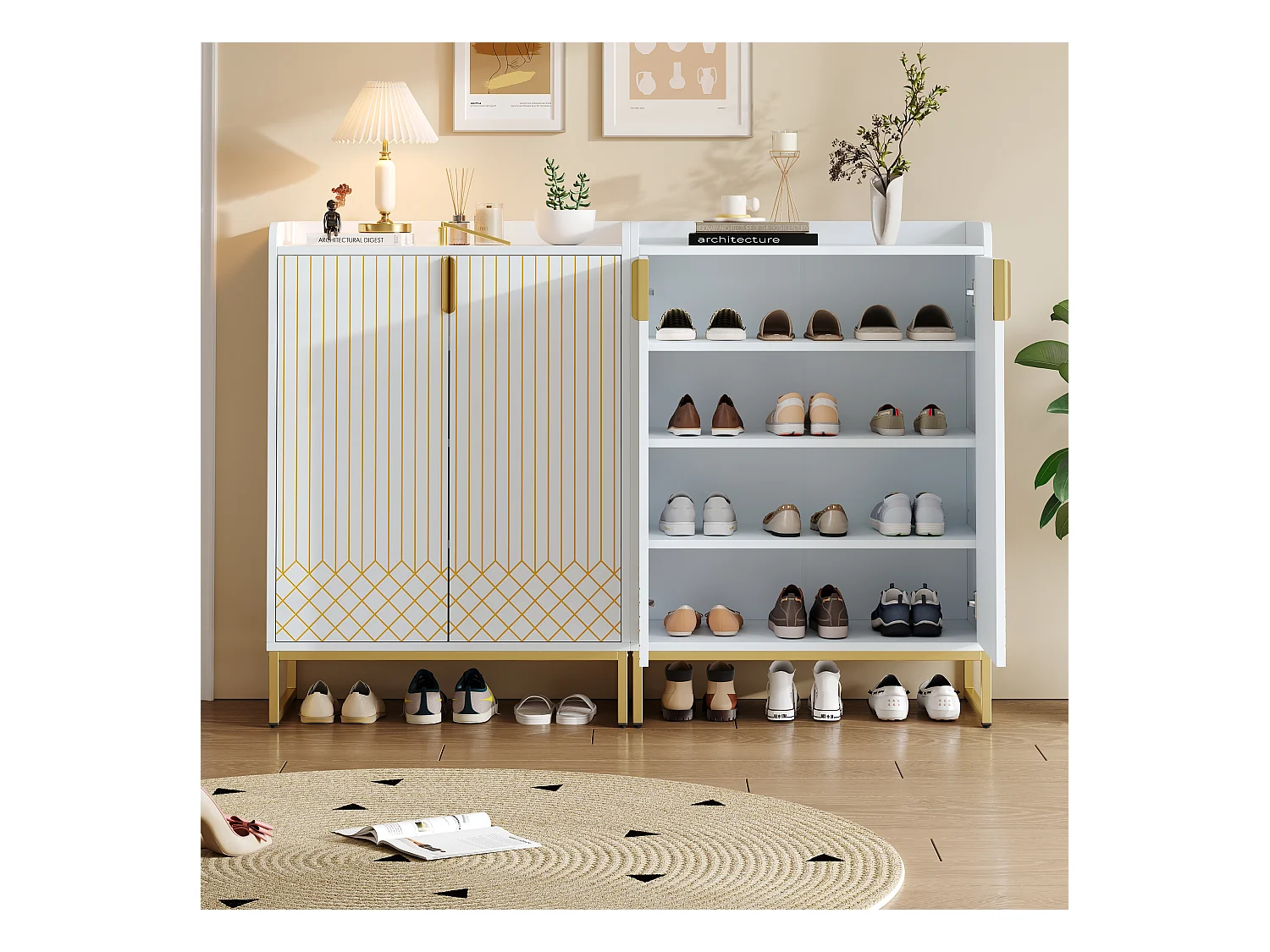 Schoenenkast met 2 deuren houten opbergkast - metalen poten - wit 2 stuks (75x37x105 cm)