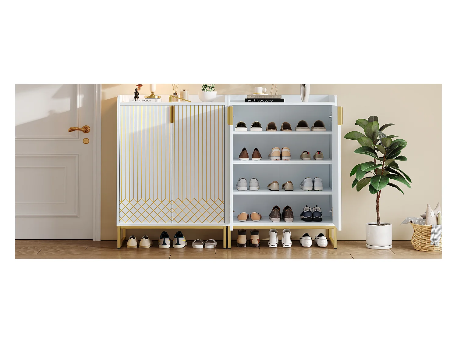 Schoenenkast met 2 deuren houten opbergkast - metalen poten - wit 2 stuks (75x37x105 cm)