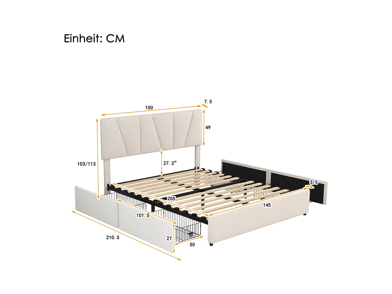 Lit adulte 140x200 cm avec 4 tiroirs - tête de lit réglable en hauteur et USB et LED - lin - beige (sans matelas)