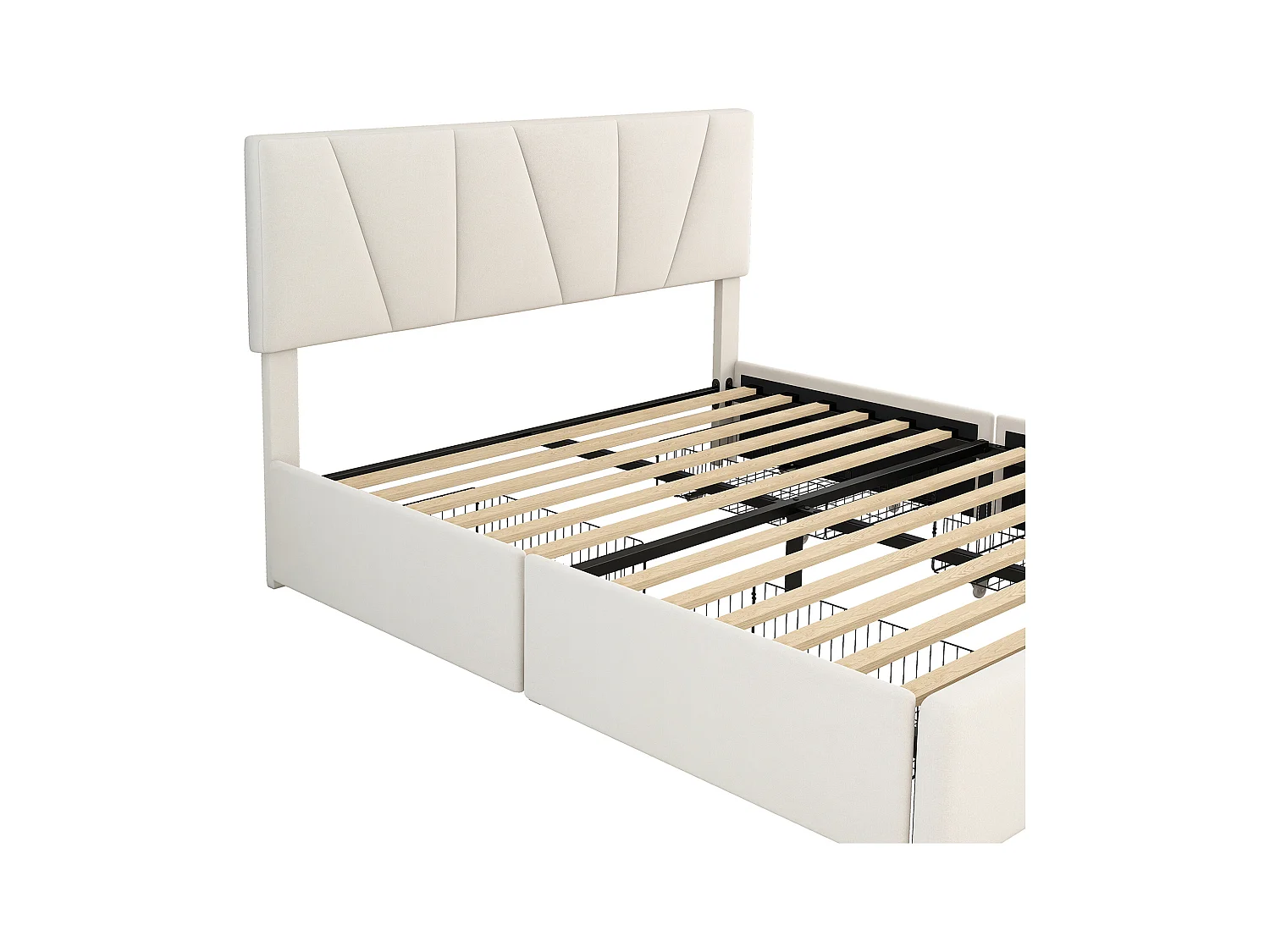 Lit adulte 140x200 cm avec 4 tiroirs - tête de lit réglable en hauteur et USB et LED - lin - beige (sans matelas)