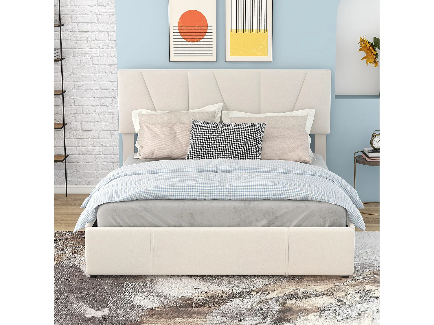 Lit adulte 140x200 cm avec 4 tiroirs - tête de lit réglable en hauteur et USB et LED - lin - beige (sans matelas)
