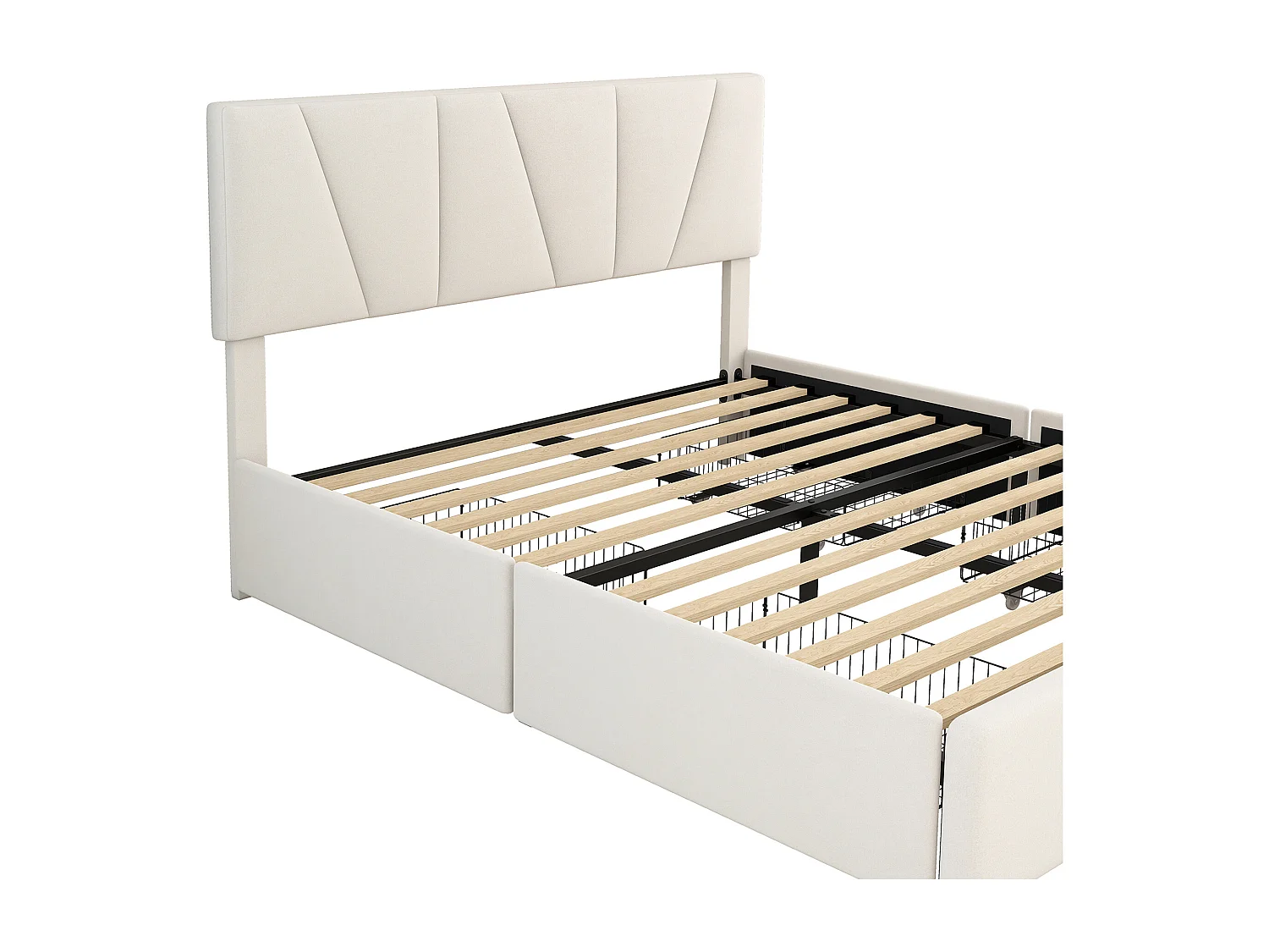 Lit adulte 140x200 cm avec 4 tiroirs - tête de lit réglable en hauteur et USB et LED - lin - beige (sans matelas)