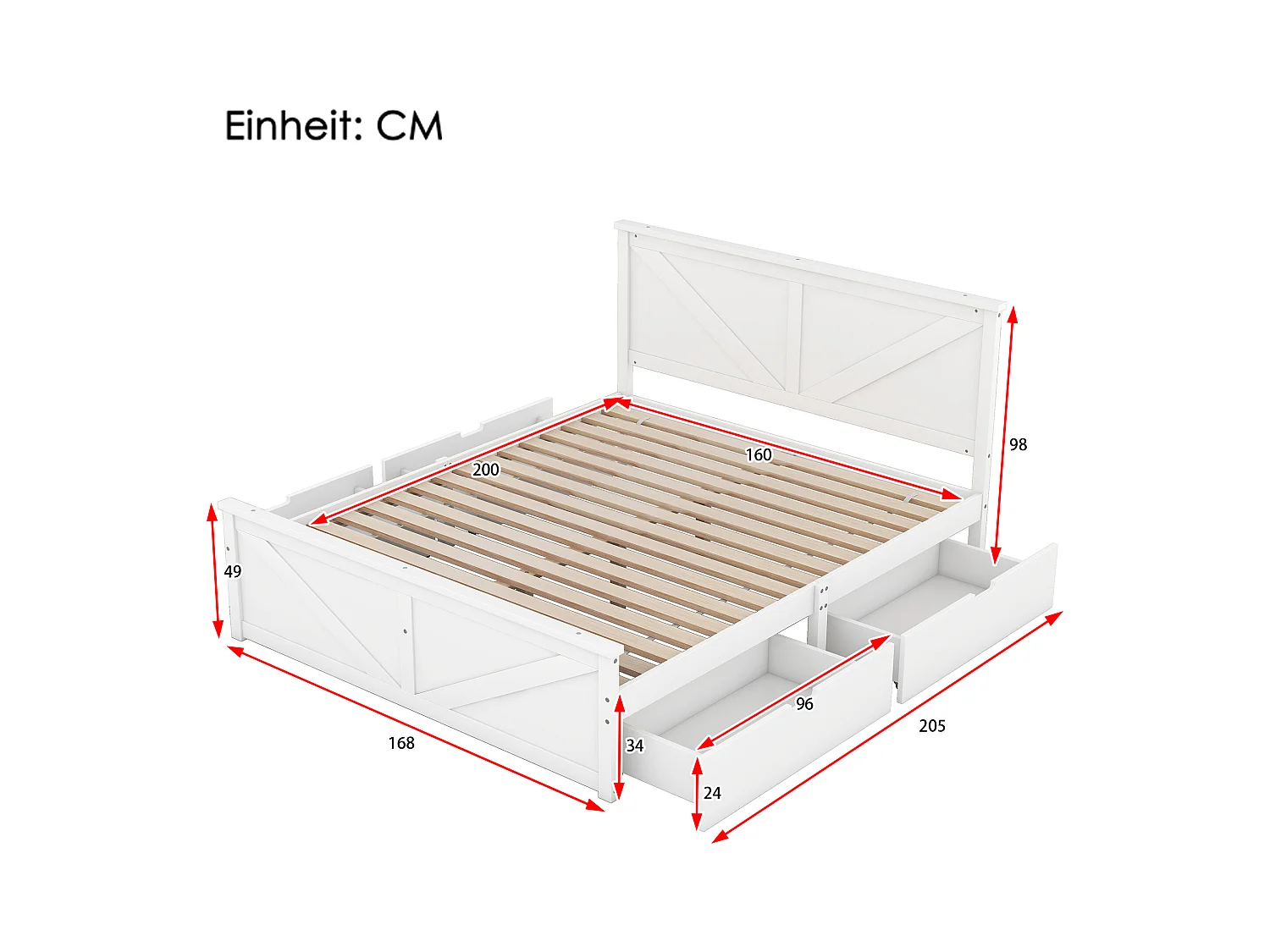 Tweepersoonsbed 160x200 cm met lattenbodem - hoofdbord - 4 lades - hout - wit (zonder matras)