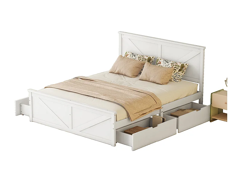 Lit 160x200 avec 4 tiroirs amovibles, avec tête de lit, cadre robuste, pin, blanc (Sans matelas)