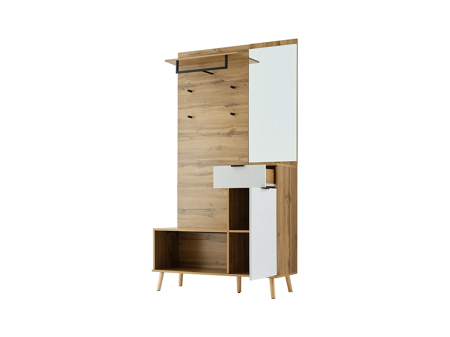 Vestiaire d'entrée 104x39x190 cm avec miroir 1 porte 1 tiroir chaussures étagères et patères en bois - chêne