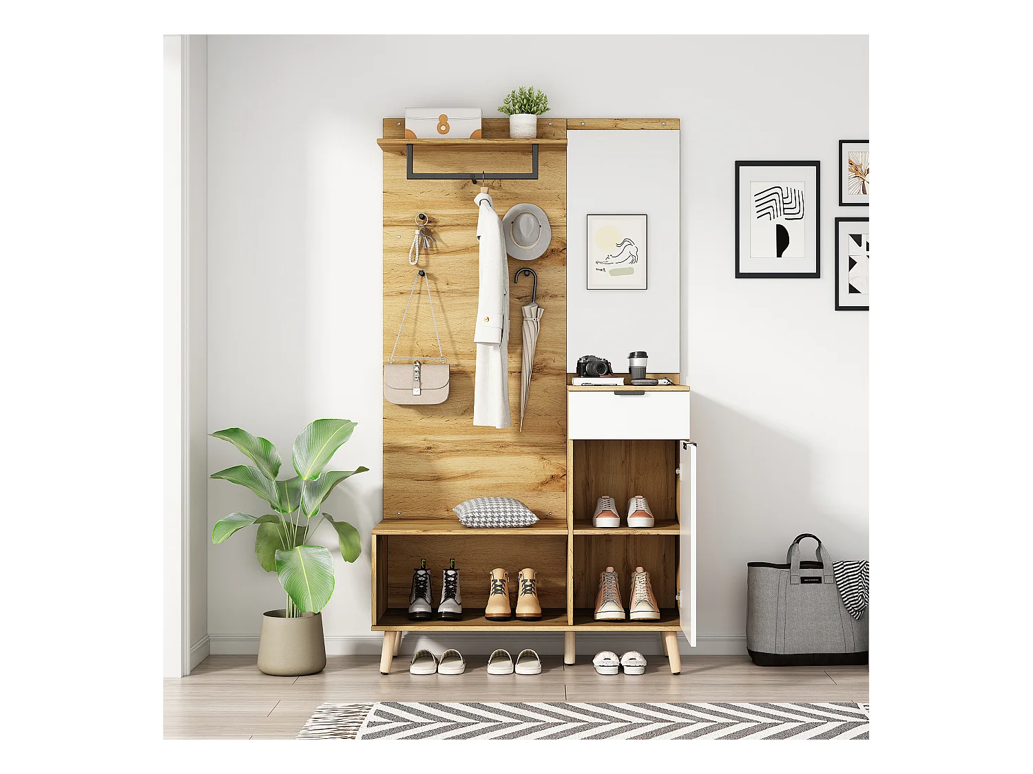 Vestiaire d'entrée 104x39x190 cm avec miroir 1 porte 1 tiroir chaussures étagères et patères en bois - chêne