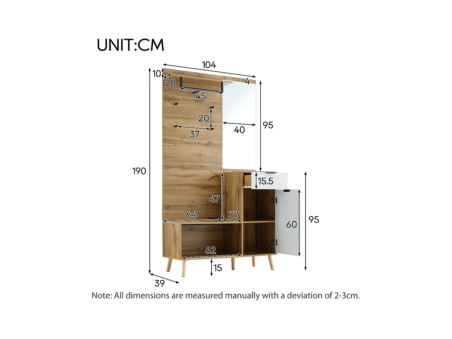 Vestiaire d'entrée 104x39x190 cm avec miroir 1 porte 1 tiroir chaussures étagères et patères en bois - chêne