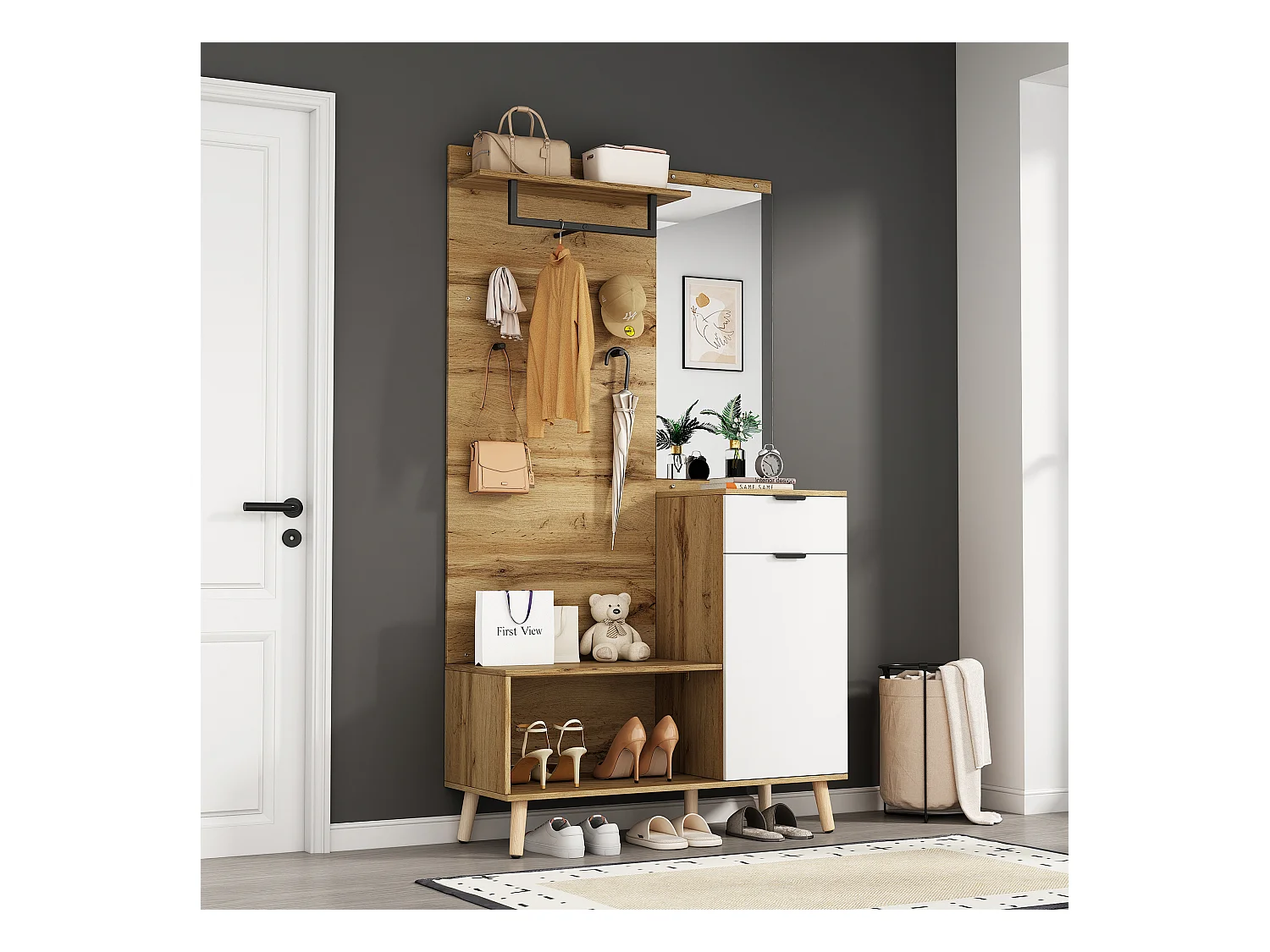 Vestiaire d'entrée avec miroir 1 porte 1 tiroir chaussures étagères et patères en bois - chêne (104x39x190 cm)