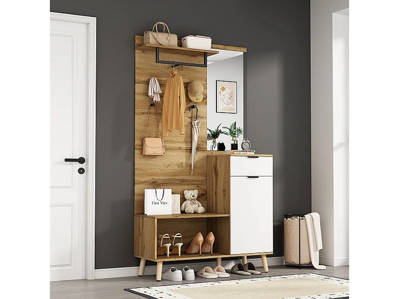 Vestiaire d'entrée 104x39x190 cm avec miroir 1 porte 1 tiroir chaussures étagères et patères en bois - chêne