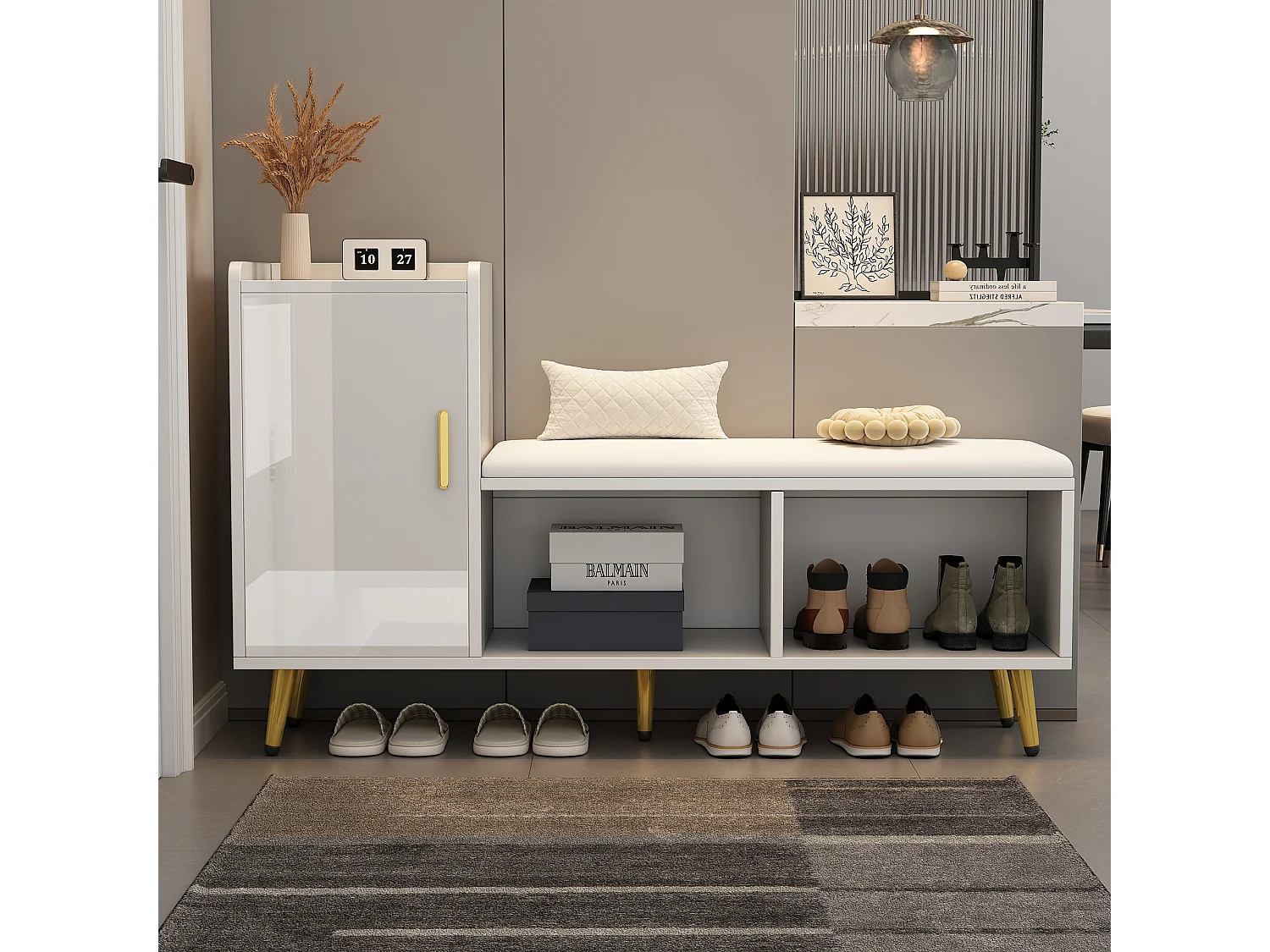 Meuble à chaussures 120x35x71.5 cm 1 porte siège rembourré et rangement ouvert en bois - pieds en métal - blanc haut brillant