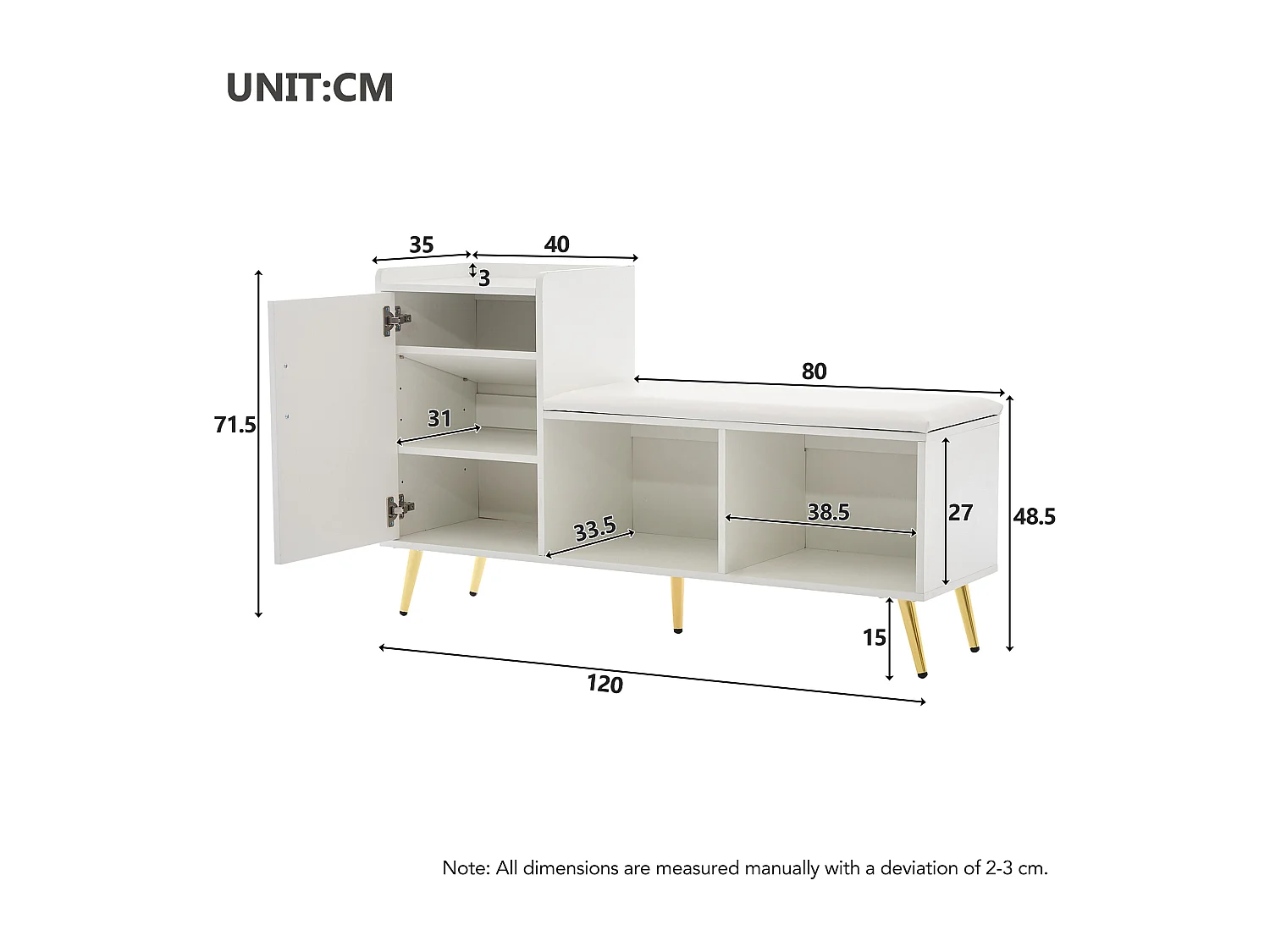 Meuble à chaussures 120x35x71.5 cm 1 porte siège rembourré et rangement ouvert en bois - pieds en métal - blanc haut brillant
