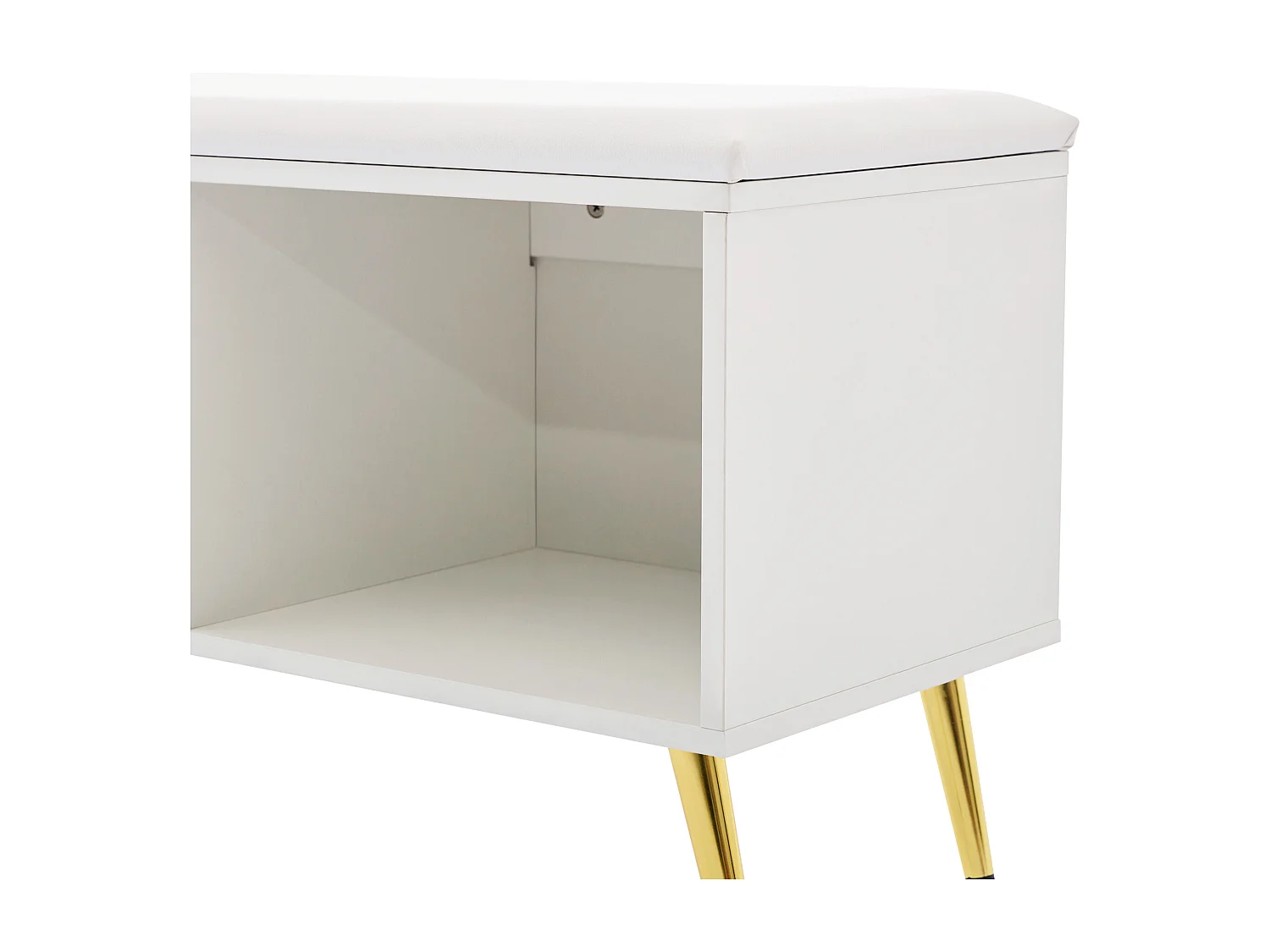 Meuble à chaussures 120x35x71.5 cm 1 porte siège rembourré et rangement ouvert en bois - pieds en métal - blanc haut brillant