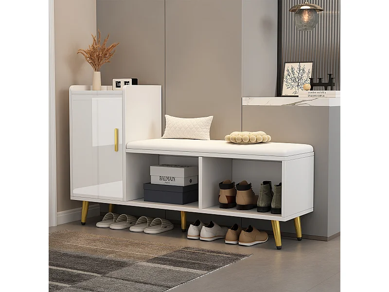 Meuble à chaussures 120x35x71.5 cm 1 porte siège rembourré et rangement ouvert en bois - pieds en métal - blanc haut brillant