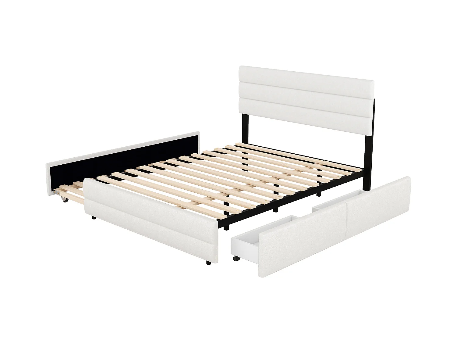 Lit gigogne adulte 140x200cm avec sommier - tête de lit réglable en hauteur et 2 tiroirs - lin - beige (sans matelas)